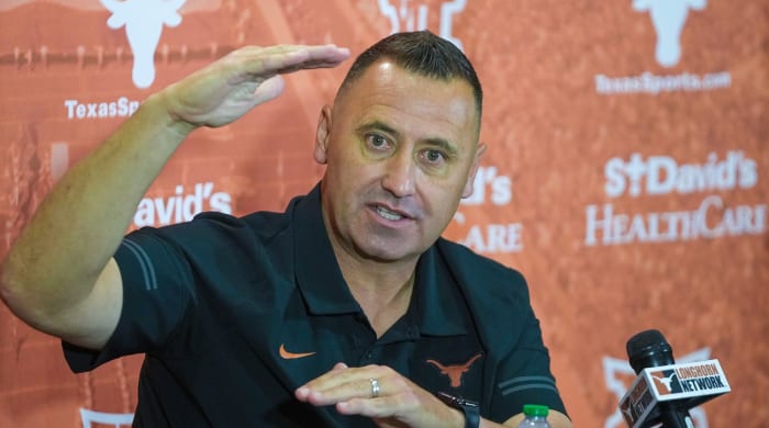 Texas football coach Steve Sarkisian speaks to the press.